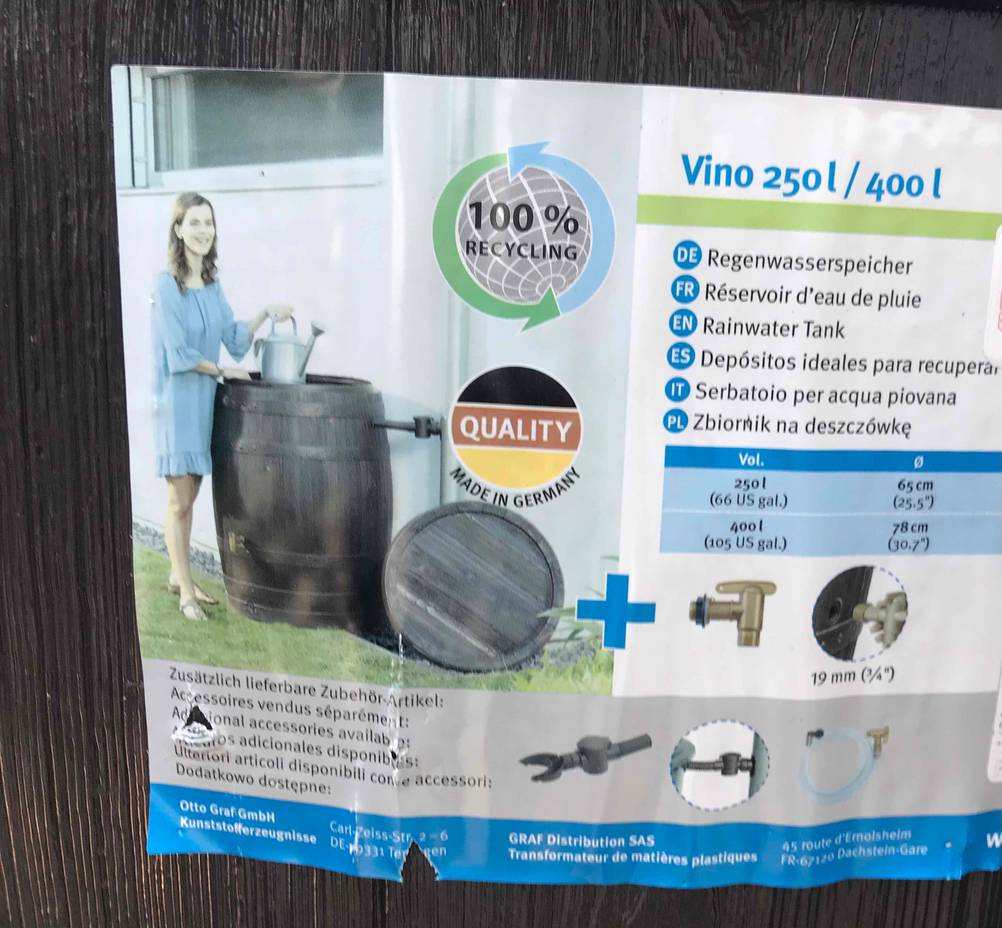 Regentonne getestet: Auf der Beschreibung stehen Informationen über das Produkt.