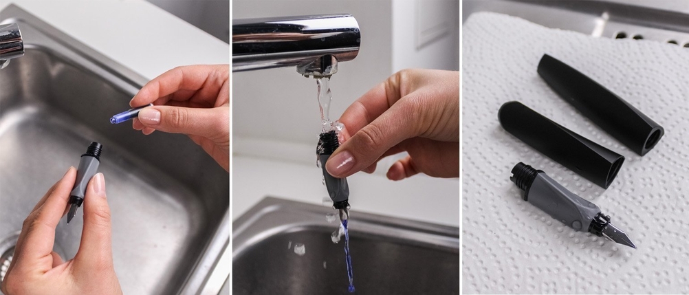 Eine Patrone eines Füllers wird über dem Spülbecken entfernt und der Füller wird gereinigt.