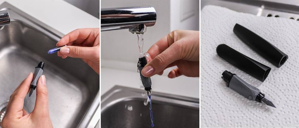 Eine Patrone eines Füllers wird über dem Spülbecken entfernt und der Füller wird gereinigt.