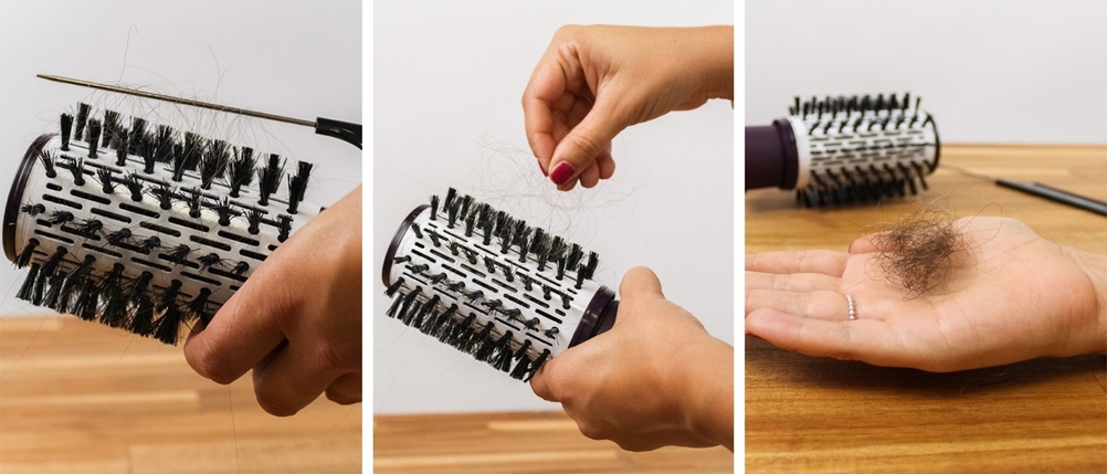 Die Reinigung einer Warmluftbürste mit einem Kamm.