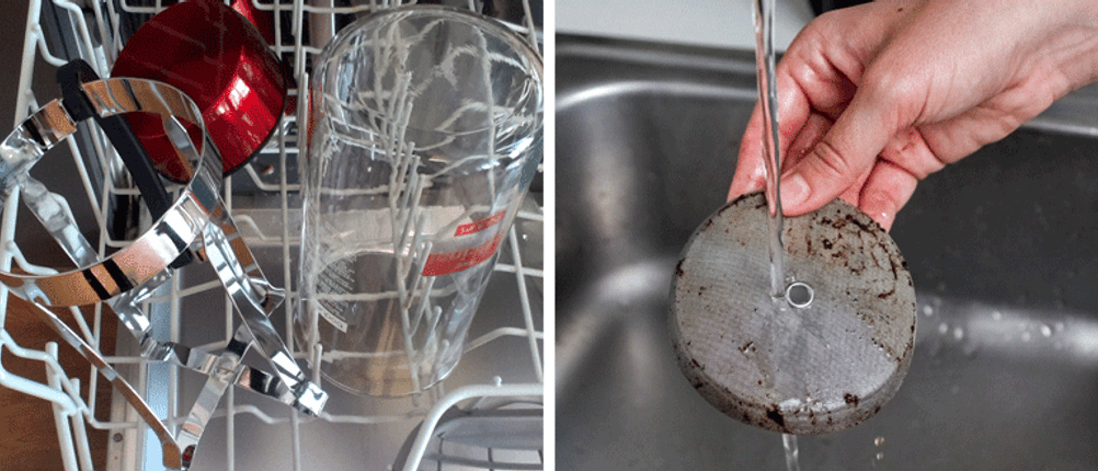 French Press im Test: Eine Bildercollage von einer French Press in der Spülmaschine und einem Sieb unter wasser.