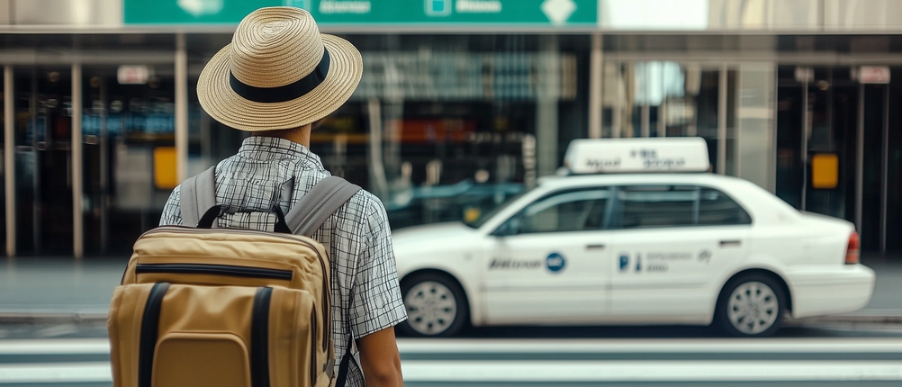 Reisetasche-mit-Rollen-Test: Tourist mit Strohhut und Rucksack in der Nähe eines weißen Taxis vor einem Flughafen.