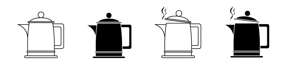 Vier Wasserkocher als gezeichnete Silhouetten.