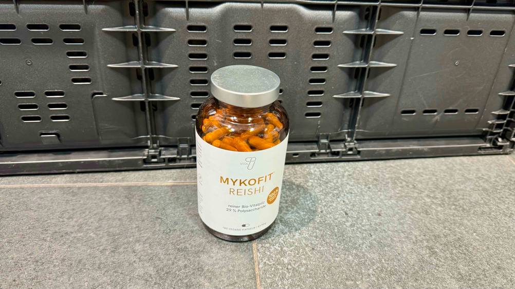 Getestet: Eine Flasche Reishi-Kapseln steht vor einer grauen Wand.