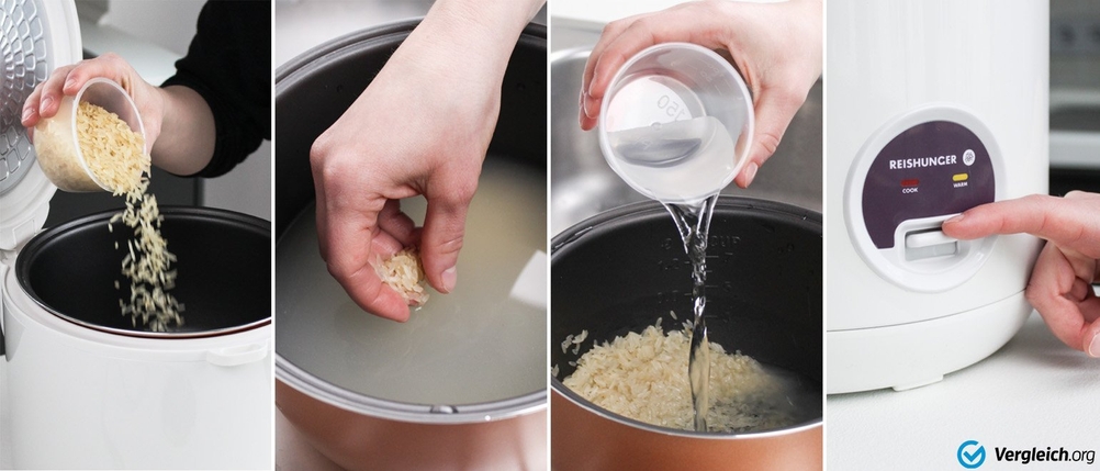 Reiskocher Test: Anhand vier Bilder wird gezeigt, wie Reis im Reiskocher zubereitet wird.