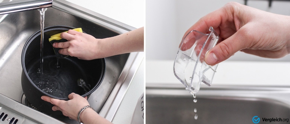 Reiskocher getestet: Reiskocher-Reinigung mit Reinigungsschwamm im Waschbecken. 