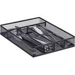 Getesteter Besteckkasten aus Metall: Abbildung eines Besteckkastens aus Metallgeflecht inklusive eingelegtem Besteck.