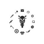 Iconabbildung eines Motorrads. Im Kreis sind drumherum verschiedene Ersatzteile angeordnet.