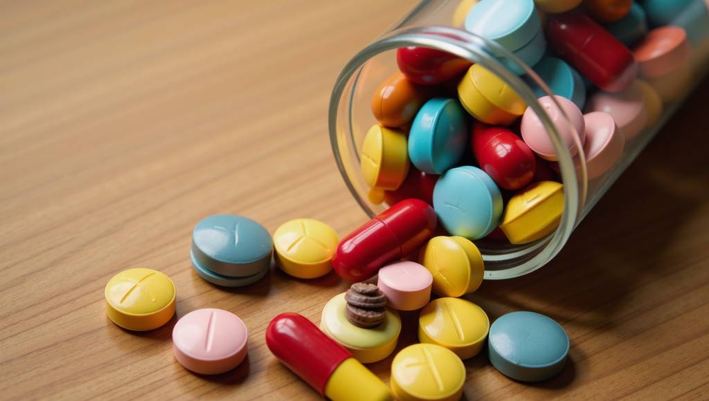 Riboflavin-Test: Verschiedene Kapseln und Tabletten in einer Glasdose. 