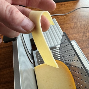 Eine Hand hält eine sauber geschnittene Käsescheibe vor dem Ritter Serano 7 Duo Plus