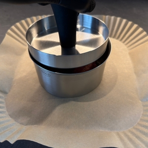 Der Pressstempel wird in die Rösle-Burgerpresse PRO gedrückt