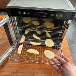 Auf den Gittern des Rommelsbacher DA 950 liegen vor dem Dörren Apfelscheiben