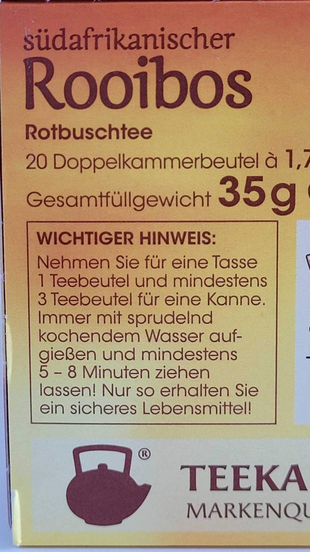 Nahaufnahme der Informationen zur Zubereitung eines getesteten Rooibos-Tees.