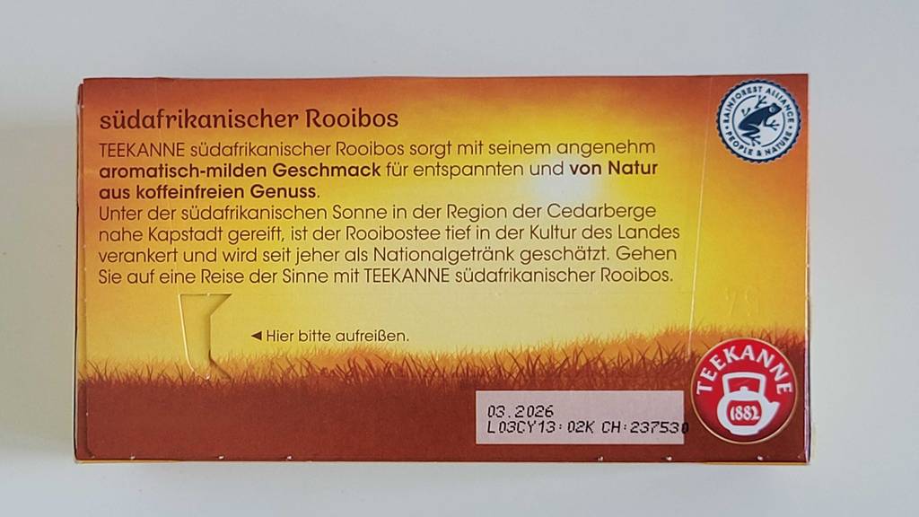 Rückseite von einer getesteten Rooibos-Tee-Packung. 
