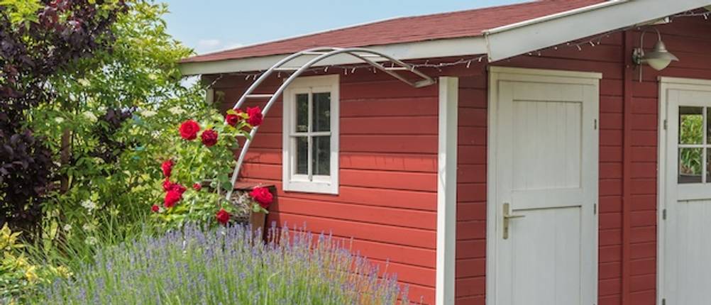 Rosenbogen aus Holz im Test: Ein halber Rosenbogen wird durch die Wand eines Gartenhauses gehalten.