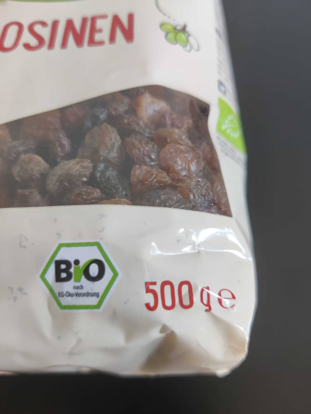 Rosinen-Test: Nahaufnahme der Grammangaben auf der Packung.