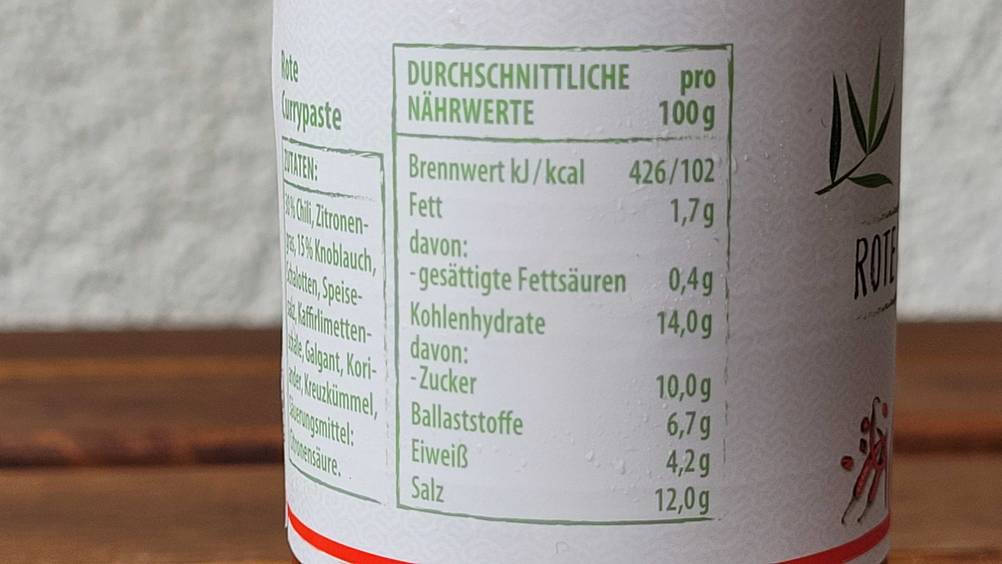 Nährwertangaben zu einer getesteten roten Currypaste.