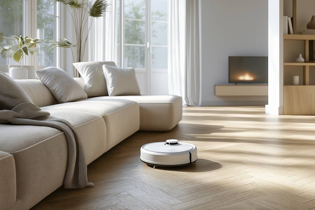 Rowenta-Saugroboter-Test: In einem stilvoll eingerichtetem, hellen Wohnzimmer saugt ein Saugroboter in Weiss den Holzboden. 