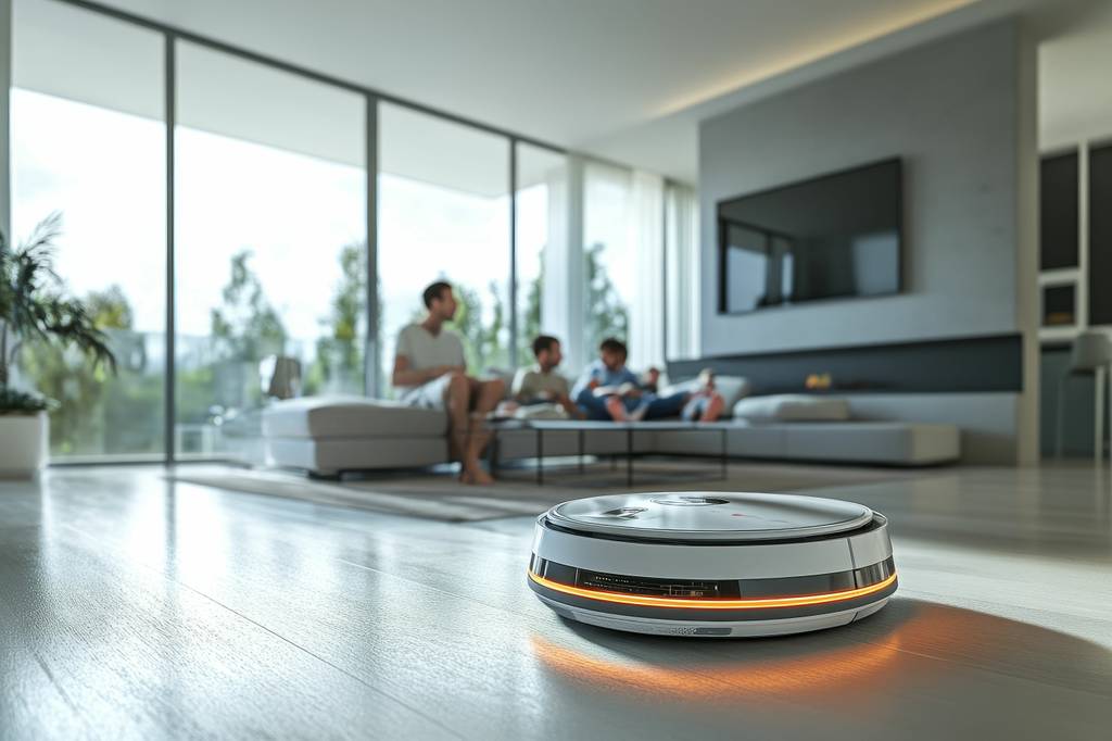 Rowenta-Saugroboter-Test: In einem hellen Wohnzimmer saugt ein Saugroboter den Holzboden. 