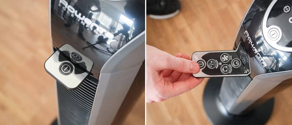 Eine Fernbedienung wird aus einem Turmventilator von Rowenta genommen.