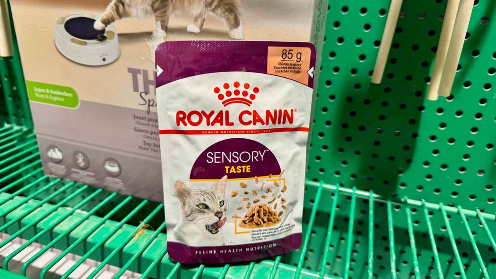 Getestet: Eine Packung Royal-Canin-Nassfutter (Katze) auf einem grünen Gitterregal.
