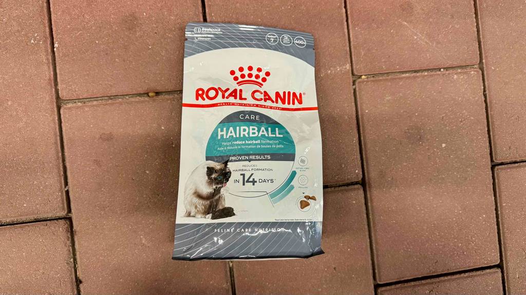 Eine Packung getestetes Royal-Canin-Trockenfutter für die Katze liegt auf einem Pflasterboden.