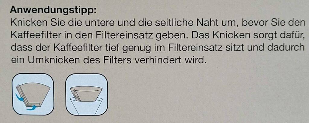 Kaffeefilter im Test: Nahaufnahme der Anwendungsbeschreibung, die außen auf der Verpackung gedruckt ist.