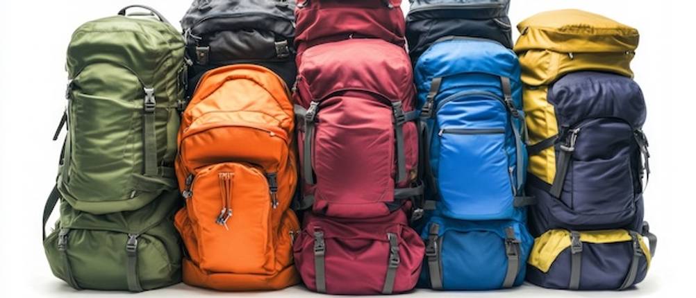 Rucksack mit 65 Liter im Test: Eine Reihe unterschiedlicher Rucksäcke in verschiedenen Farben nebeneinander.