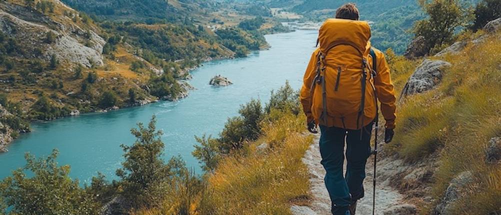Gelber 65-Liter-Rucksack beim Wandern vor einer Gebirgslandschaft im Test.