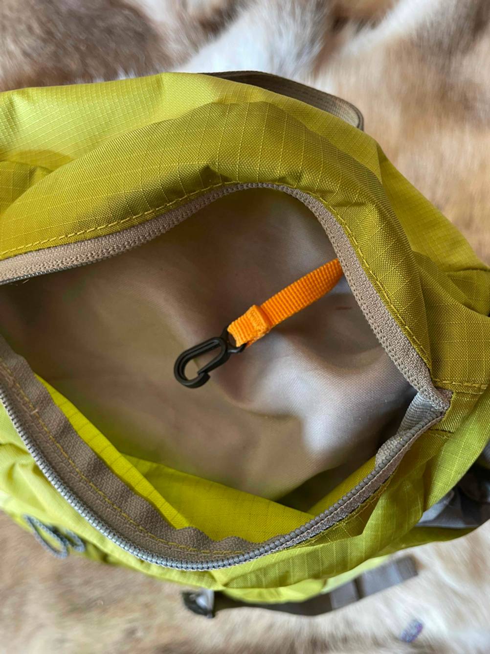 Anhänger von einem getesteten Rucksack mit Netzrücken.