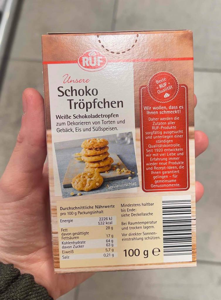 Getestet: die Schokodrops der Marke RUF in der 100-g-Packung mit Nährwertangaben.