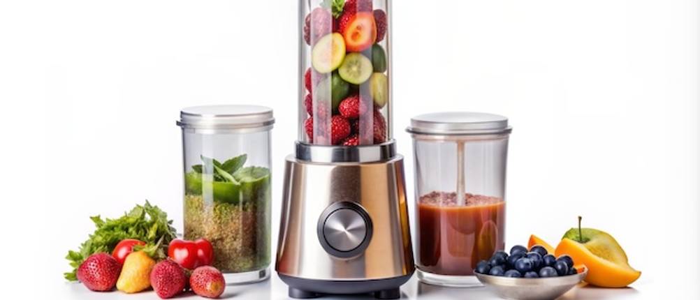 Russell-Hobbs-Standmixer getestet: Ein schmaler Standmixer mit einem Edelstahlgehäuse steht vor einem weißen Hintergrund. Der Krug ist mit Obst gefüllt. Rechts und links neben dem Mixer stehen Gläser mit Smoothies.