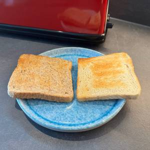 Eine Scheibe Weizentoast und Vollkorntoast liegen nach dem Toasten auf einem Teller.