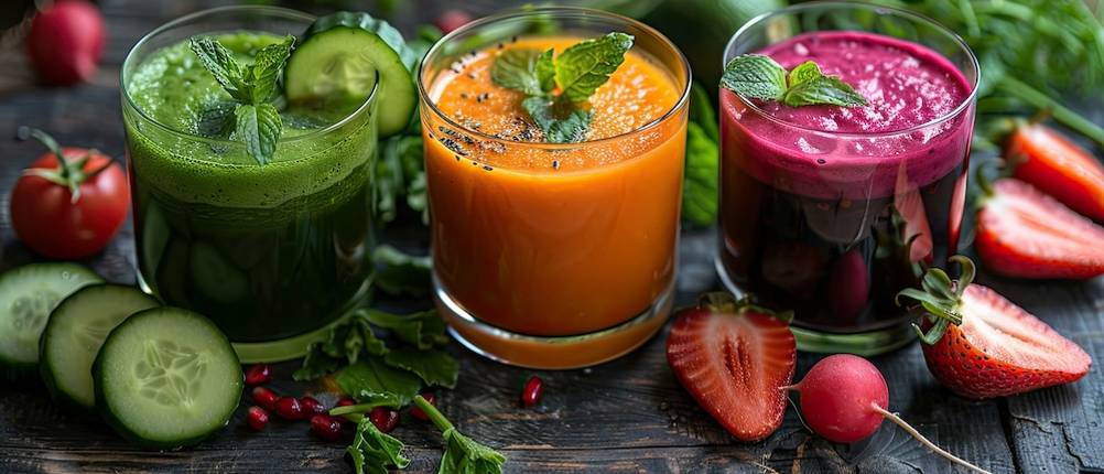 Standmixer getestet: Drei Smoothies in Grün, Orange und dunklem Pink stehen auf einer dunklen Holzarbeitsplatte, umgeben von Obst und Gemüse.