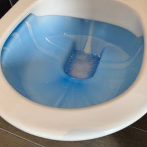 Nach dem Einwirken mit dem Sagrotan-WC-Reiniger Blütenfrische ist die blaue Farbe etwas schwächer.