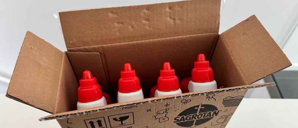 Vier Flaschen Sagrotan-WC-Reiniger Blütenfrische in einem Karton .