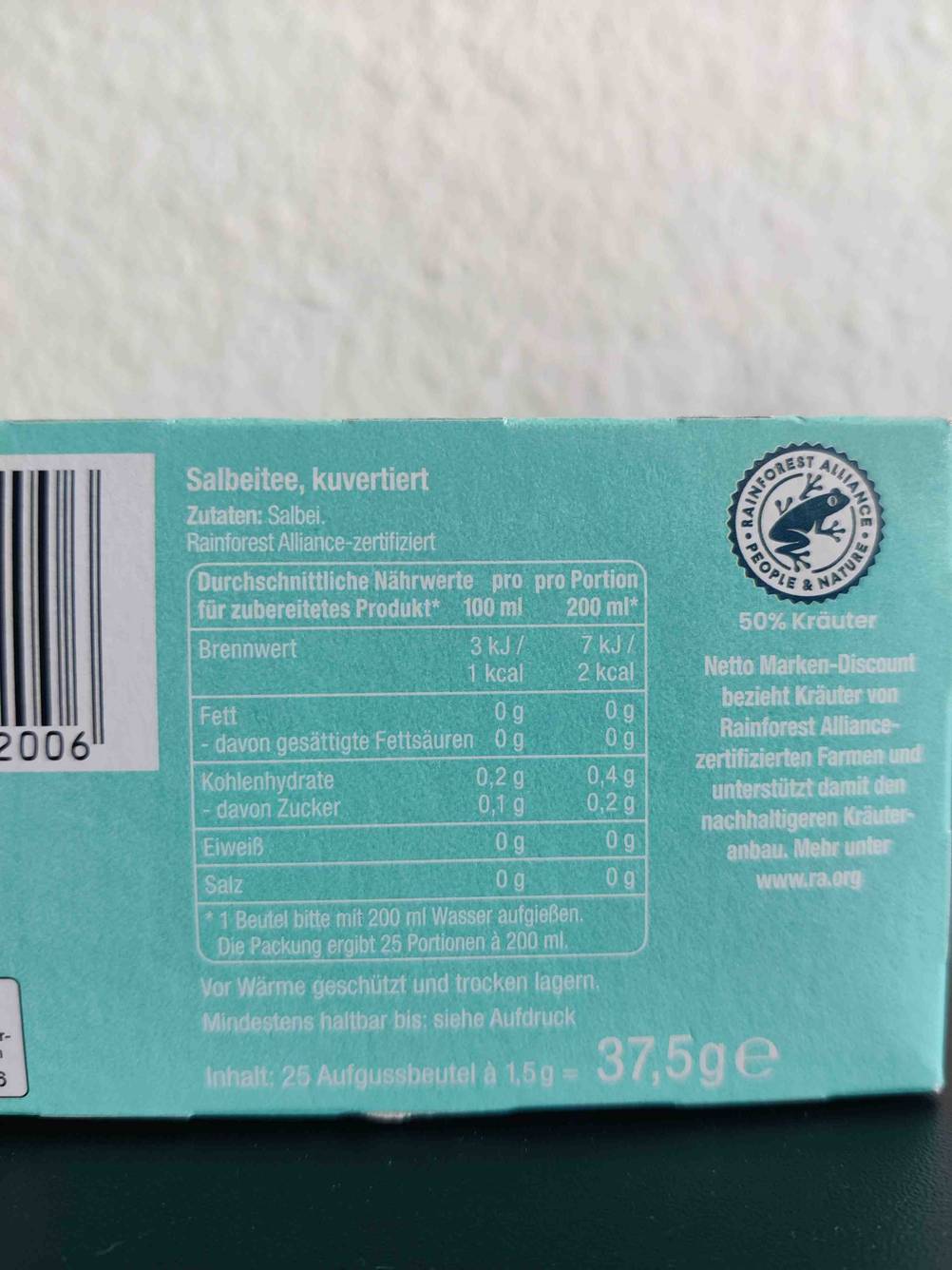Nährwertangaben von einem getesteten Salbeitee.