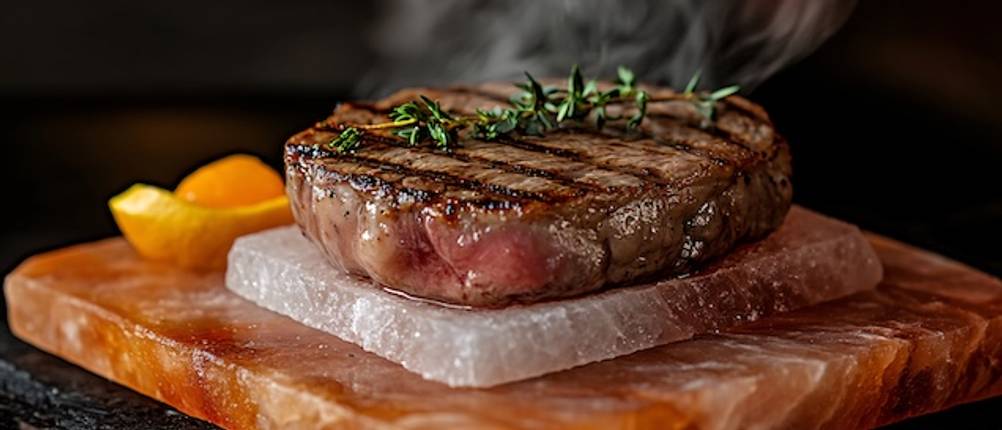 Ein gegrilltes Steak liegt auf einem getesteten Grill-Salzstein.