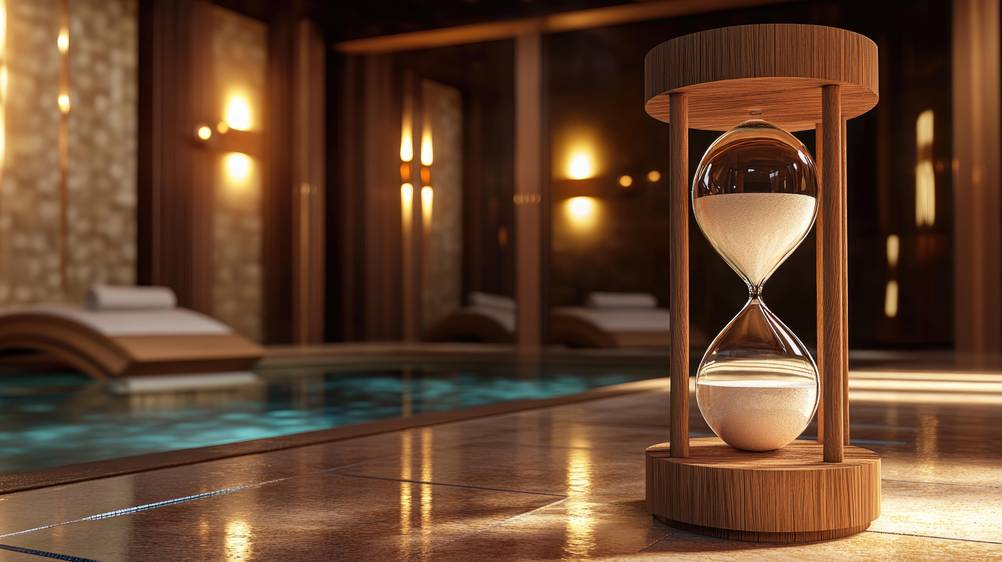 Sauna-Sanduhr im Test: Eine freistehende Sanduhr mit Holzumbau in einem Wellnessbereich, im Hintergrund ein Wasserbecken.