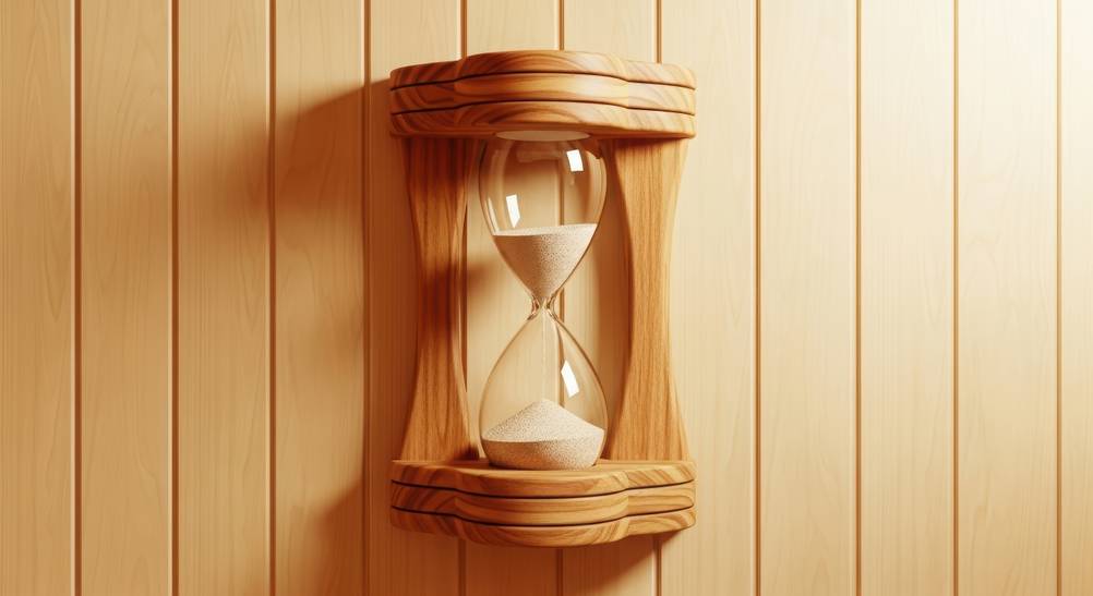 Sauna-Sanduhr im Test: Hier große Sanduhr mit Holzrahmen an einer Holzwand.