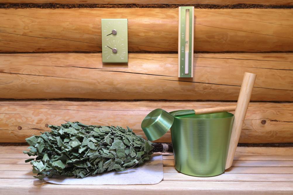 Sauna-Sanduhr im Test: Ein grünes Set aus Sanduhr Thermo- und Hygrometer, Wasserbehälter und Schöpfkelle vor einer Holzblockwand mit Birkenzweig.