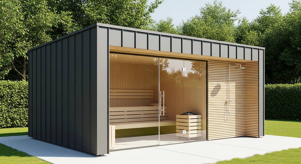 Saunahaus im Test: großes Saunahaus mit Außendusche in modernem Design auf Betonplatten in einem Garten mit Hecke.