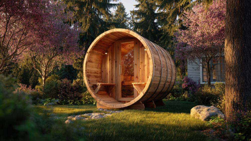 Saunahaus im Test: Fasssauna steht in einem grünen Garten.