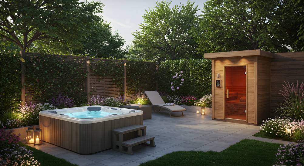 Saunahaus im Test: Ein whirlpool und eine Mini-Sauna auf einer Gartenterrasse mit Liegestuhl und Laternen vor hohen bewachsenen Sichtschutzelementen.