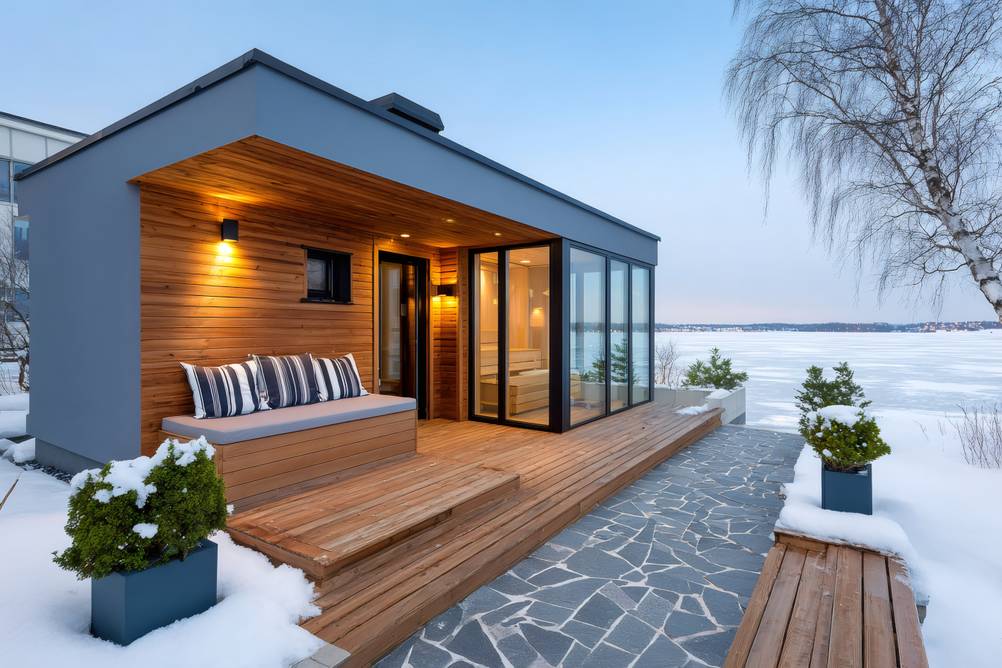 Saunahaus im Test: Ein großes Saunahaus mit zusätzlichem Bereich in winterlicher Umgebung mit Schnee.