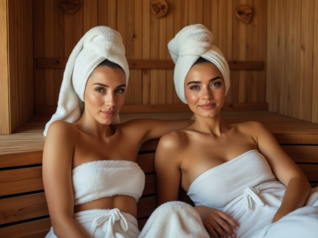 Saunakilt-Damen im Test: zwei junge Frauen in weißer Frotteeware gekleidet sitzen mit ebenso weißen Turbanen in der Sauna.