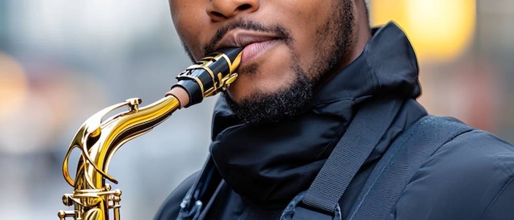 Saxophongurt im Test: Ein schwarzer Saxophongurt in Nahaufnahme, getragen über einer schwarzen Jacke.