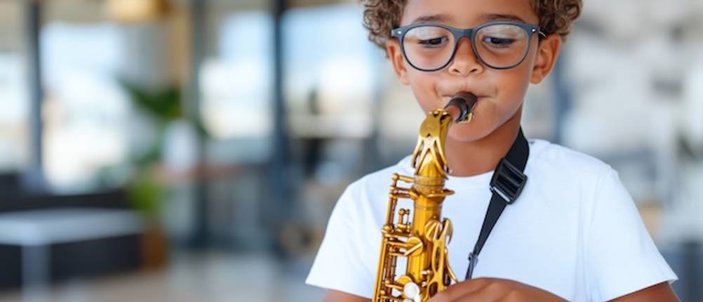 Saxophongurt-Test: Ein Junge mit blauer Brille und weißem T-Shirt spielt auf einem Saxophon und trägt dabei einen schwarzen Saxophongurt.