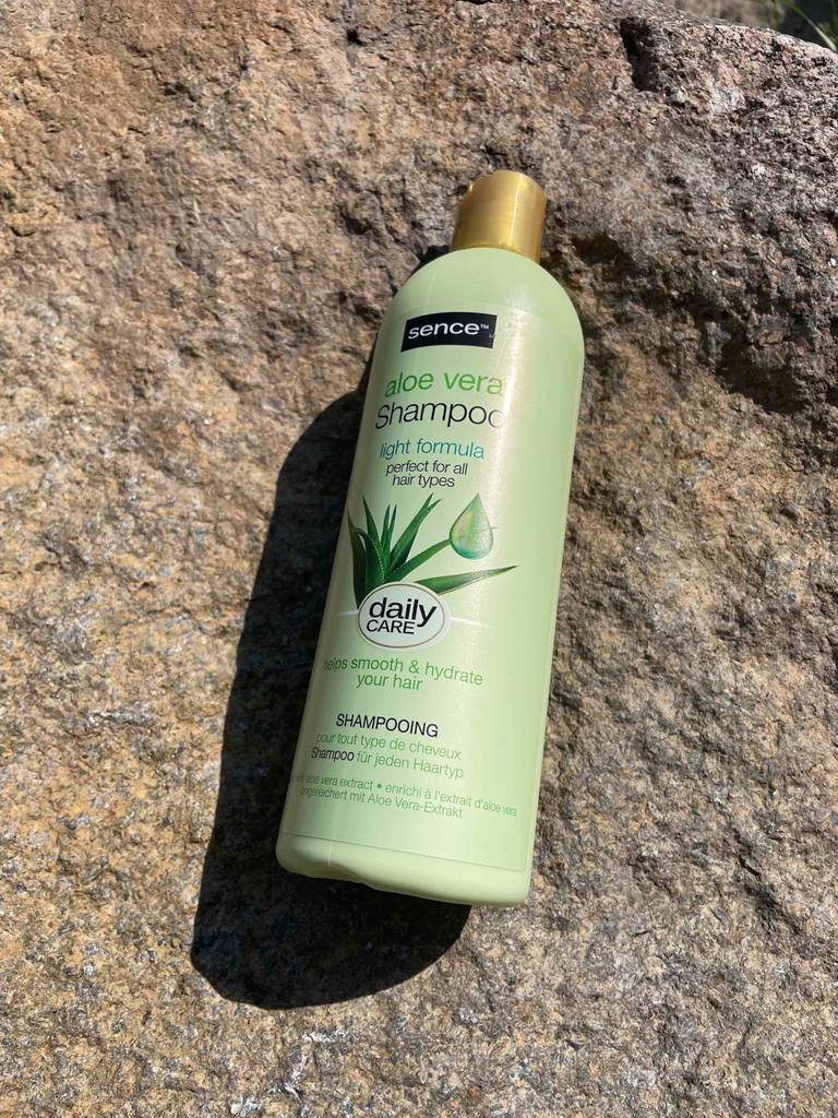Aloe-vera-Shampoo-Test: Eine Flasche liegt auf einem Stein.