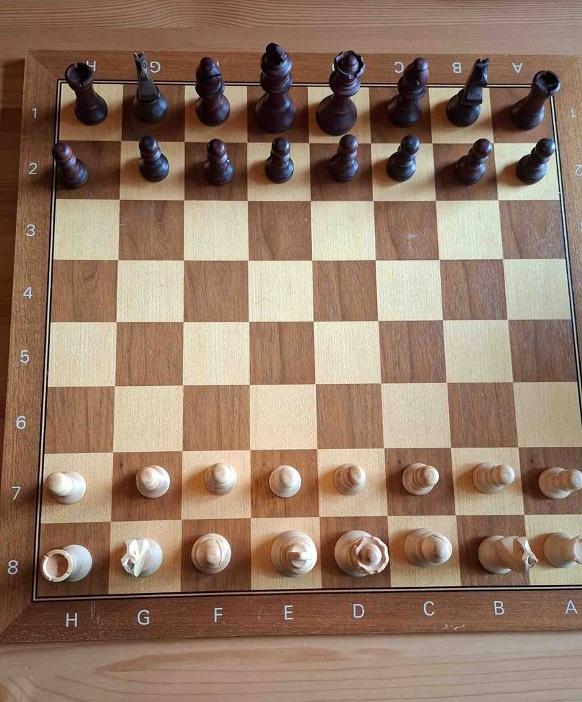 Schachfiguren sind zum testen auf einem Schachbrett aufgestellt.